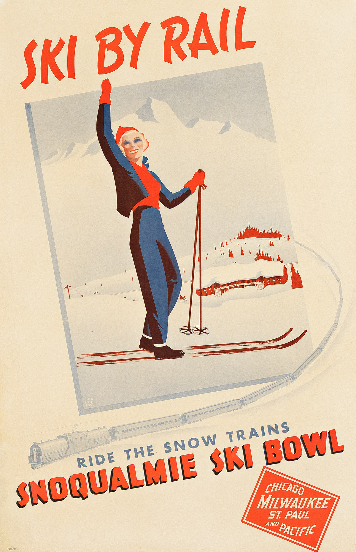 PHIL VON PHUL (DATES UNKNOWN).  SKI BY RAIL / RIDE THE SNOW TRAINS / SNOQUALMIE SKI BOWL. Circa 1940. 33½x21¾ inches, 85x55¼ cm. N.P. B